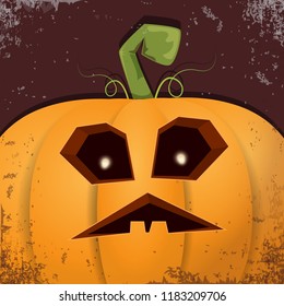 Halloween pumpkin with face on dark background. Vector cartoon Illustration of  Carved pumpkin into jack-o-lanterns for halloween banners and posters