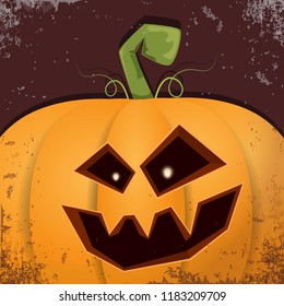 Halloween pumpkin with face on dark background. Vector cartoon Illustration of  Carved pumpkin into jack-o-lanterns for halloween banners and posters
