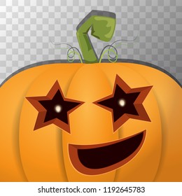 Halloween pumpkin with face on dark background. Vector cartoon Illustration of Carved pumpkin into jack-o-lanterns for halloween banners and posters