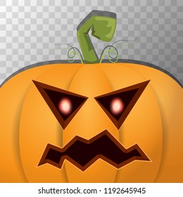 Halloween pumpkin with face on dark background. Vector cartoon Illustration of Carved pumpkin into jack-o-lanterns for halloween banners and posters