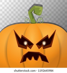 Halloween pumpkin with face on dark background. Vector cartoon Illustration of Carved pumpkin into jack-o-lanterns for halloween banners and posters