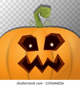Halloween pumpkin with face on dark background. Vector cartoon Illustration of Carved pumpkin into jack-o-lanterns for halloween banners and posters