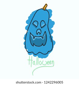 Halloween pumpkin with face on dark background. Vector cartoon Illustration.