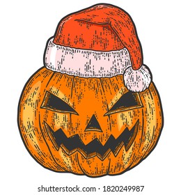 Halloween, pumpkin face in santa claus hat. Sketch scratch board imitation.