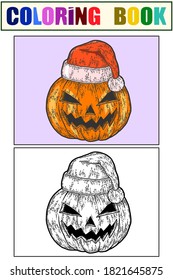 Halloween, pumpkin face in santa claus hat. Sketch set of coloring book and color for example.