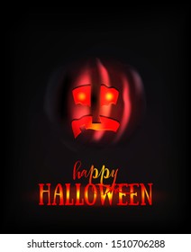 Halloween Pumpkin Face Scary Smile on Dark. Spooky Ghost Smiley Horror Character. Lantern with Glowing Eyes at Night. Halloween Banner or Invitation Card Template. Vector Illustration.
