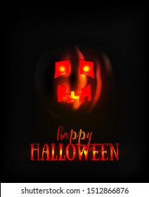 Halloween Pumpkin Face Scary Smile on Dark. Spooky Ghost Smiley Horror Character. Lantern with Glowing Eyes at Night. Halloween Banner or Invitation Card Template. Vector Illustration.
