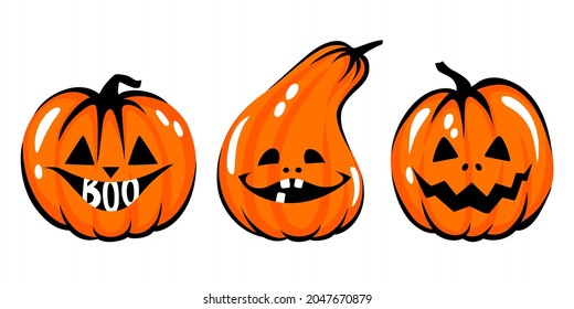Halloween pumpkin face set. Cartoon vector character illustration. Funny autumn symbol. Cute Orange carving pumpkin collection.