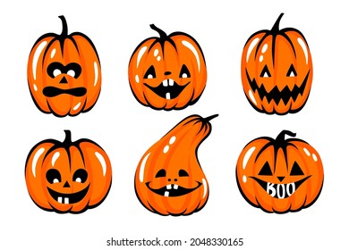 Halloween pumpkin face set. Cartoon vector character illustration. Funny autumn symbol. Cute Orange carving pumpkin collection.
