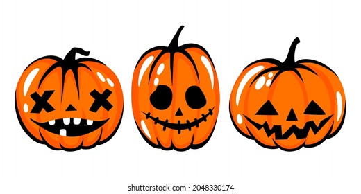 Halloween pumpkin face set. Cartoon vector character illustration. Funny autumn symbol. Cute Orange carving pumpkin collection.