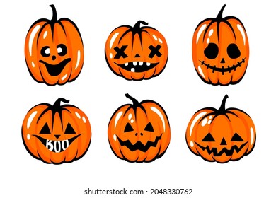 Halloween pumpkin face set. Cartoon vector character illustration. Funny autumn symbol. Cute Orange carving pumpkin collection.