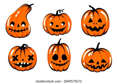 Halloween pumpkin face set. Cartoon vector character illustration. Funny autumn symbol. Cute Orange carving pumpkin collection.