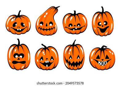 Halloween pumpkin face set. Cartoon vector character illustration. Funny autumn symbol. Cute Orange carving pumpkin collection.