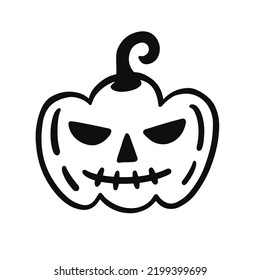 Halloween Pumpkin with Face Shape Element. Hand Drawn Cute Jack Lantern Silhouette, Isolated on White Background. Vector Illustration, Monochrome Doodle Style Line art.