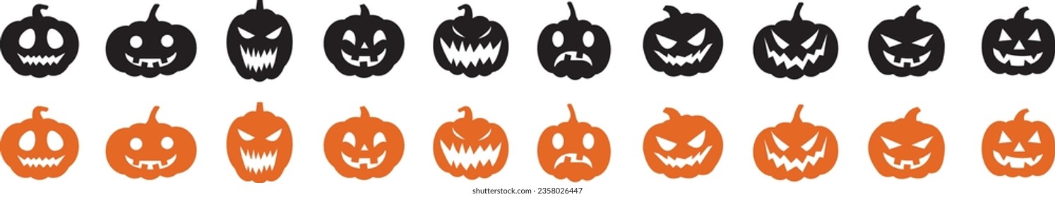 halloween pumpkin face silhouette icon symbol set scary spooky horror vector graphic design orange cartoon illustration	