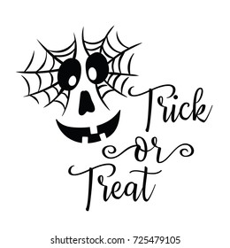 Halloween pumpkin face with spider web makeup and inscription Trick or Treat. Design element for Halloween.