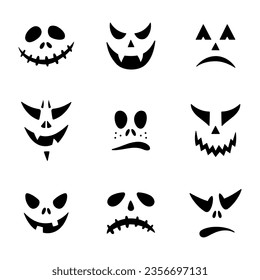Plantillas de cara de calabaza de Halloween. Juego de calabaza de Halloween se enfrenta a iconos. Caras aterradoras aisladas en un fondo blanco. Ilustración vectorial, estilo plano.