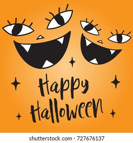 Halloween pumpkin face vector illustration. Funny cartoon character emoticon with text. Cute and simple creative halloween card design template.