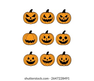 Halloween pumpkin face vector set with scary, cute, funny jack-o’-lantern icons. Perfect for t-shirts, stickers, invites, clipart, and fall decor projects