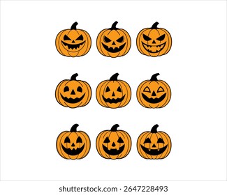 Halloween pumpkin face vector set with scary, cute, funny jack-o’-lantern icons. Perfect for t-shirts, stickers, invites, clipart, and fall decor projects