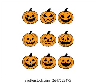 Halloween pumpkin face vector set with scary, cute, funny jack-o’-lantern icons. Perfect for t-shirts, stickers, invites, clipart, and fall decor projects