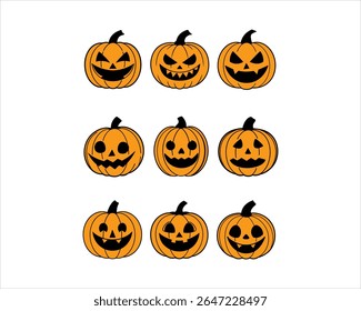 Halloween pumpkin face vector set with scary, cute, funny jack-o’-lantern icons. Perfect for t-shirts, stickers, invites, clipart, and fall decor projects