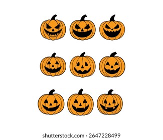 Halloween pumpkin face vector set with scary, cute, funny jack-o’-lantern icons. Perfect for t-shirts, stickers, invites, clipart, and fall decor projects
