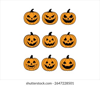 Halloween pumpkin face vector set with scary, cute, funny jack-o’-lantern icons. Perfect for t-shirts, stickers, invites, clipart, and fall decor projects