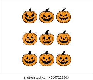 Halloween pumpkin face vector set with scary, cute, funny jack-o’-lantern icons. Perfect for t-shirts, stickers, invites, clipart, and fall decor projects
