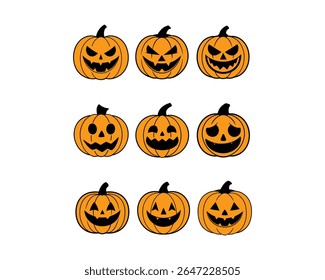 Halloween pumpkin face vector set with scary, cute, funny jack-o’-lantern icons. Perfect for t-shirts, stickers, invites, clipart, and fall decor projects