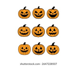 Vetor de rosto de abóbora de Halloween definido com ícones de jack-o’ lanterna assustadores, fofos, engraçados. Perfeito para t-shirts, adesivos, convites, clipart, e projetos de decoração outono