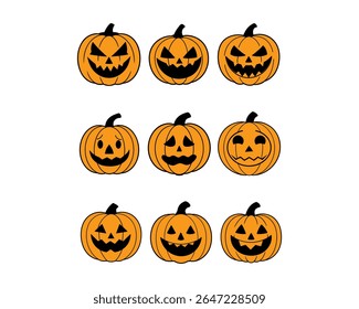Halloween pumpkin face vector set with scary, cute, funny jack-o’-lantern icons. Perfect for t-shirts, stickers, invites, clipart, and fall decor projects