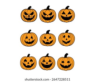 Halloween pumpkin face vector set with scary, cute, funny jack-o’-lantern icons. Perfect for t-shirts, stickers, invites, clipart, and fall decor projects