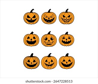 Halloween pumpkin face vector set with scary, cute, funny jack-o’-lantern icons. Perfect for t-shirts, stickers, invites, clipart, and fall decor projects