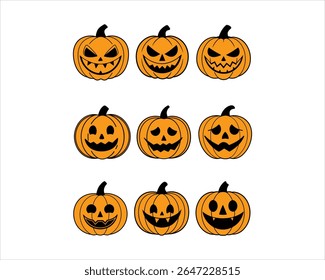 Halloween pumpkin face vector set with scary, cute, funny jack-o’-lantern icons. Perfect for t-shirts, stickers, invites, clipart, and fall decor projects