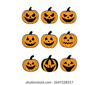 Halloween pumpkin face vector set with scary, cute, funny jack-o’-lantern icons. Perfect for t-shirts, stickers, invites, clipart, and fall decor projects