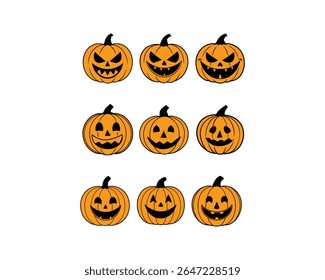 Vetor de rosto de abóbora de Halloween definido com ícones de jack-o’ lanterna assustadores, fofos, engraçados. Perfeito para t-shirts, adesivos, convites, clipart, e projetos de decoração outono