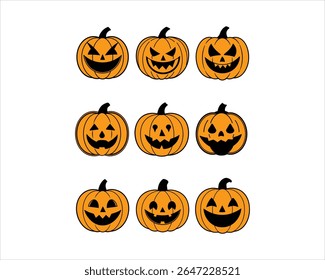 Halloween pumpkin face vector set with scary, cute, funny jack-o’-lantern icons. Perfect for t-shirts, stickers, invites, clipart, and fall decor projects