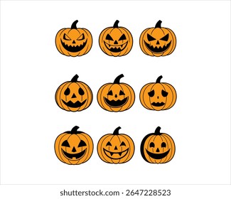 Halloween pumpkin face vector set with scary, cute, funny jack-o’-lantern icons. Perfect for t-shirts, stickers, invites, clipart, and fall decor projects