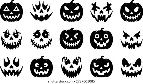 Conjunto de Vector de cara de calabaza de Halloween, expresiones aterradoras de Jack-O'-Lantern, espeluznantes iconos de silueta tallada