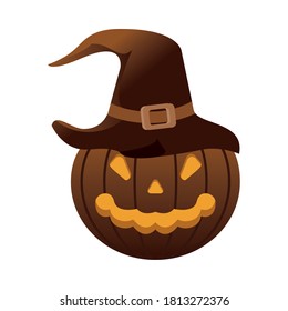 halloween pumpkin with face and witch hat vector illustration design