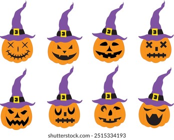 Halloween pumpkin face witch hat flat scary fantasy silhouette cartoon horror costume evil illustration