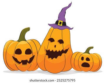 Calabaza de Halloween cara bruja sombrero plano de fantasía de miedo silueta de dibujos animados traje de terror malvado ilustración