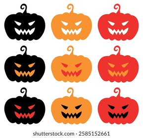  Halloween Pumpkin Faces in Bold Colors. Spooky Jack-O'-Lantern Icons. Vector illustration isolated on white background.