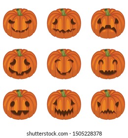 Halloween pumpkin faces. Pumpkin characters. Sad, creepy, angry, funny faces. Vector set in cartoon style.