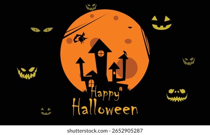 Halloween Pumpkin Faces Collection funny and scary on background haunted hose and witch playing in the sky