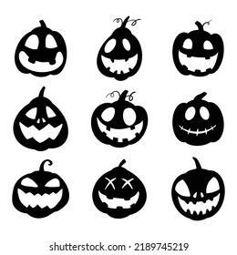 La calabaza de Halloween se enfrenta a un conjunto de iconos. Las siluetas de calabaza sonríen sobre fondo blanco.