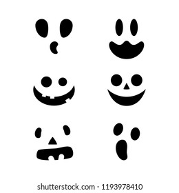 Halloween pumpkin faces icons set. Scary faces isolated on white background. Template for Halloween greeting card poster, brochure or flyer. Vector illustration