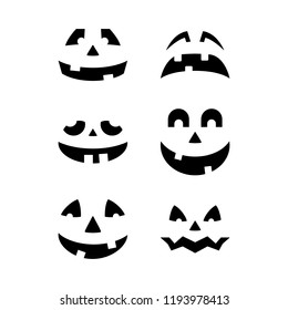 Halloween pumpkin faces icons set. Scary faces isolated on white background. Template for Halloween greeting card poster, brochure or flyer. Vector illustration