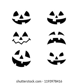 Halloween pumpkin faces icons set. Scary faces isolated on white background. Template for Halloween greeting card poster, brochure or flyer. Vector illustration